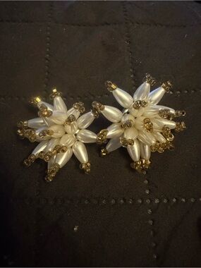 Pearl White Beaded Cluster Earrings - Women's Jewelry  vintage clip earrings